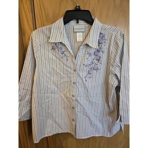 Alfred Dunner Purple/White/Gray Striped Button Up W Flowers Sz PL